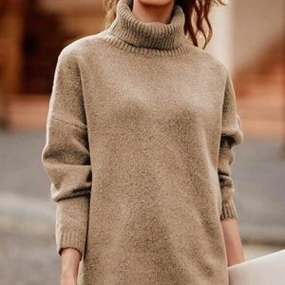 New Turtleneck Asymmetric Hem Oversized Knit Sweater In Light Khaki - Picture 3 of 4